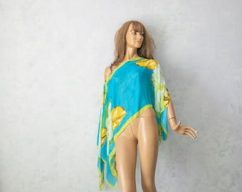 Floral Sheer Poncho Scarf: Lightweight Polyester Beach Cover-Up