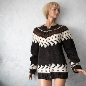 Fair Isle Wool Blend Cardigan: Folk Style Knitted Acrylic Sweater
