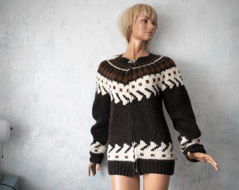 Fair Isle Wool Blend Cardigan: Folk Style Knitted Acrylic Sweater