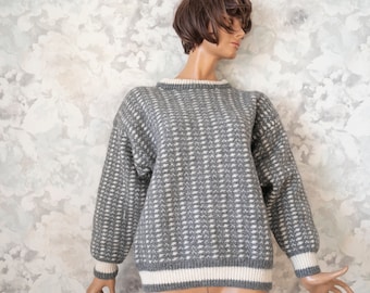 Norway sweater  folk pattern  unisex winter wool sweater grey white color/ S/M