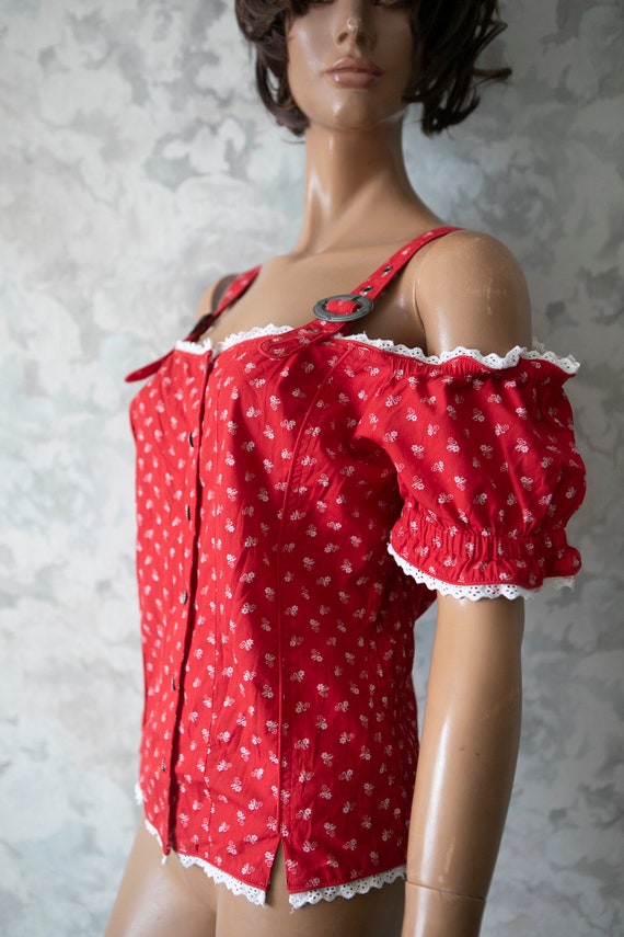 Cotton Dirndl blouse/Vintage 80s  red calico prin… - image 4