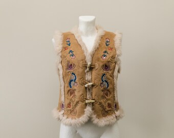 Y2K Vintage EDC by Esprit Faux Shearling Vest, Embroidered Boho Afghan Sheepskin Style/M