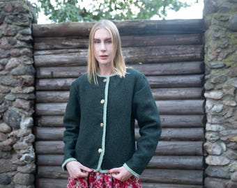Felted Wool Dirndl Blazer: Austrian Tyrolean Jacket, Moss Green, Size M