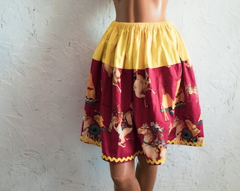 Vintage 50s Style Mini Skirt: Native Indian Print, Yellow & Red Cotton
