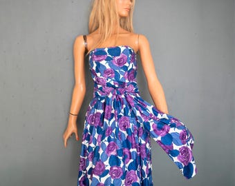 50s Rose Print Cotton Dress with Scarf: Vintage Garden Party Style prom dress/ S