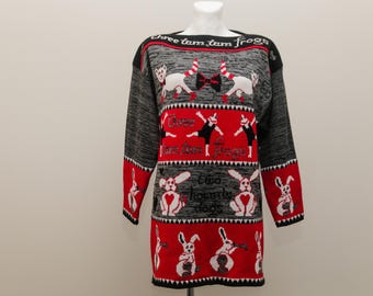 Ugly Christmas Sweater Dress Vintage 80s 90s | Whimsical Animal Graphic Sweater/M