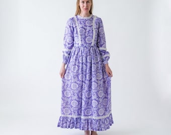 1970s Lavender Paisley Maxi Dress, Handmade Prairie Cottagecore Lace Gown (Size S)