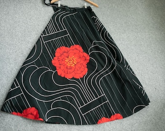 Vintage Marimekko Style Wrap Skirt, Crisp Black Cotton Maxi Skirt with Giant Red Peony Flower, 1970s Handmade Geometric Print Skirt Small