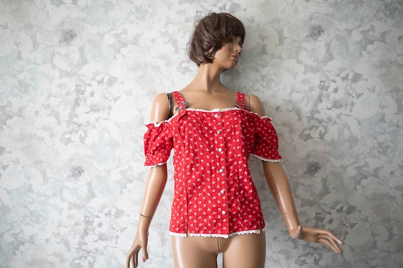 Cotton Dirndl blouse/Vintage 80s  red calico prin… - image 1