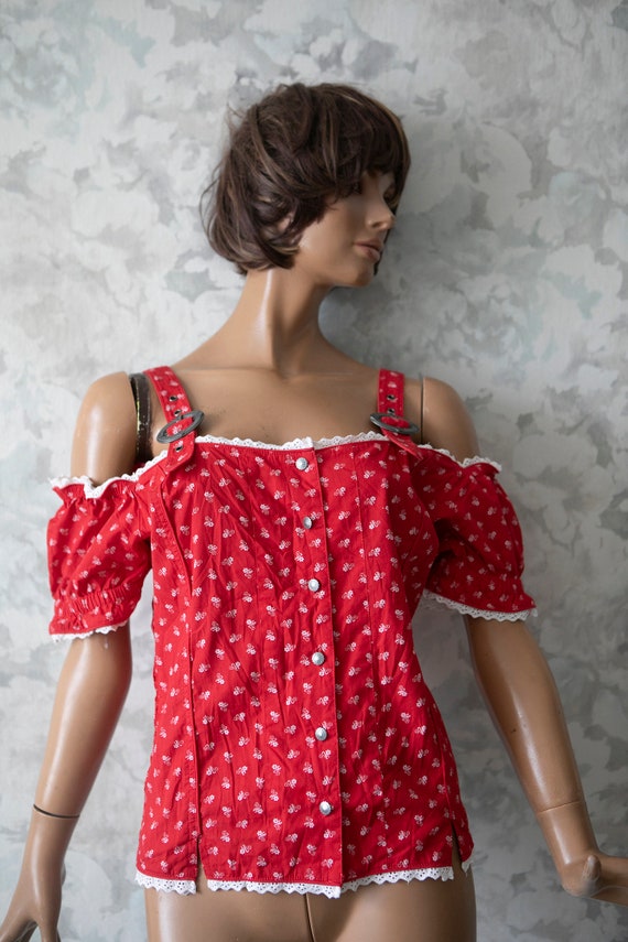 Cotton Dirndl blouse/Vintage 80s  red calico prin… - image 2