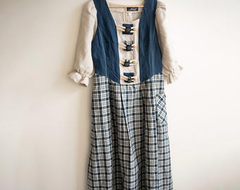 Vintage  Dirndl Style Dress | Linen  Cotton Plaid Midi Dress | Cottagecore Folk Bavarian Prairie Dress /S