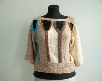 Vintage 2YK Cut-Out Sweater with Angora Fur & Gold Metallic Stripes beige color /M