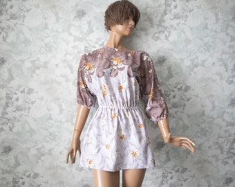 70s Bohemian Tunic Blouse: Purple Floral Print, Raglan Sleeves, S/M
