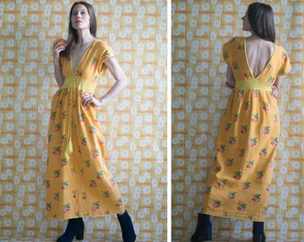 70s Mexican Embroidered Cotton Maxi Dress: Yellow Bohemian Summer hippie cottagecore  Dress/ Small