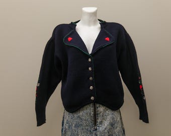 Vintage 80s Embroidered Austrian  cardigan/Tyrolean Knit Jacket Cottagecore Dark Navy Blue Folk /M/L