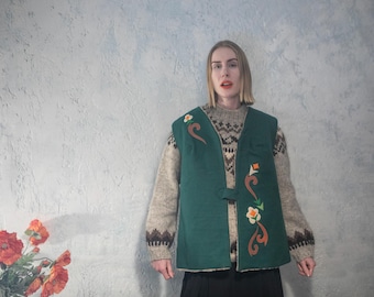 Vintage Green Felted Wool Vest: Sherpa Lined Ethnic Bohemian