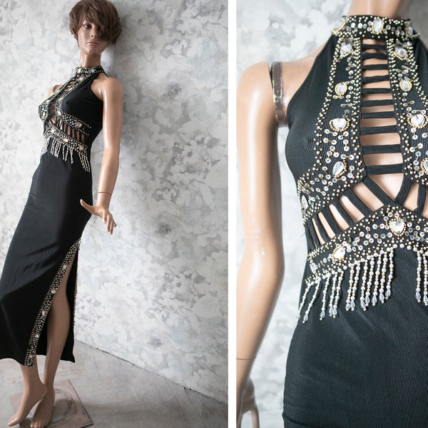 Black coctail prom dress 90s vintage  deep slit glass beaded embroidery evening gown/XS/S