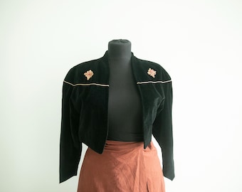 Vintage Black Velvet Bolero Jacket: Ornate Brooch Embellishments, Made in Finland/ S