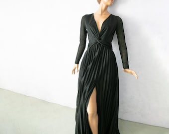 Vintage 90s Black Glitter Gown Black Maxi prom evening dress accordion pleated skirt/ S