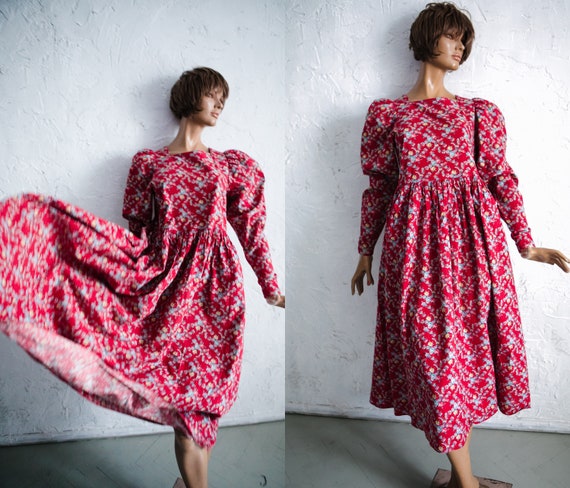 Laura Ashley Red 80s Vintage Dress Victorian Style Bishop Sleeves Empire Waist Ditsy Print Cottage Core Dress whimsical Dress S M Etsy