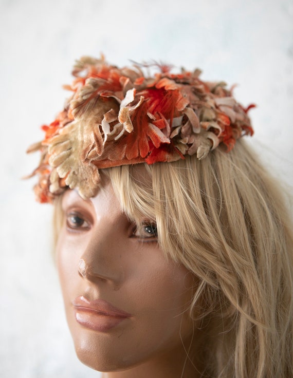 Vintage 50s Pillbox  orange /light brown feather … - image 4