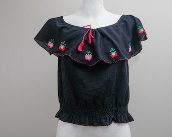 Vintage Hungarian black  Matyo Kalocsa Embroidered Blouse,/ Off-Shoulder Peasant Blouse Folk Floral /M