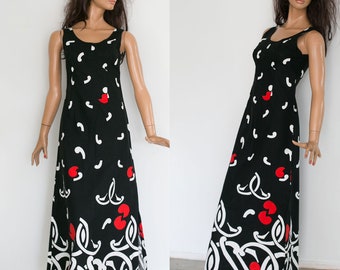 Vintage 70s Marimekko Style Maxi Dress: Finnish Black & White Abstract Print