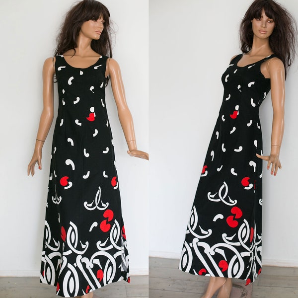 Marimekko style Cotton dress  finnish vintage black white  maxi 70s vintage   dress/ sleeveless  abstract print bohemian long dress/S