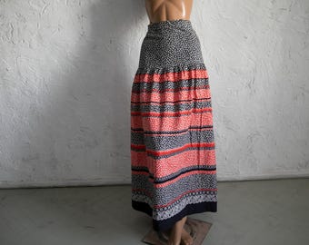 Vintage 70s Cotton Maxi Skirt: Red Ditsy Print cottagecore prairie  XS
