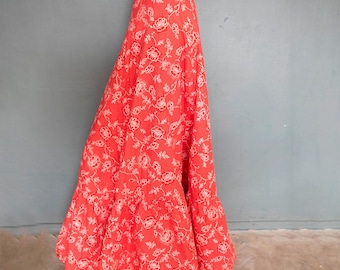 Vintage 70s Floral Cotton Maxi Skirt: Red Tiered Prairie Style cottagecore hippie / s