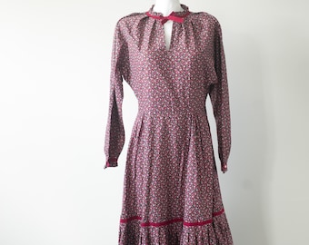 Vintage-Midikleid aus Baumwolle im Prärie-Blumenmuster der 70er Jahre, rotes Cottagecore-Kleid / Größe S