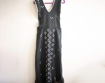 Vintage 70s Cotton Pinafore Dress, Black White Polka Dot Maxi, Scandi Folk Apron