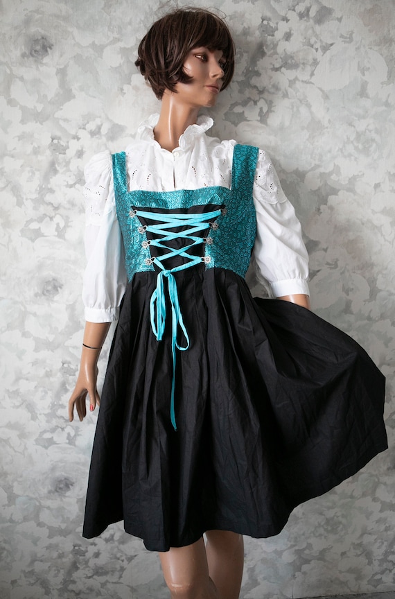 vintage sea blue bust black skirt  pinafore dirnd… - image 2