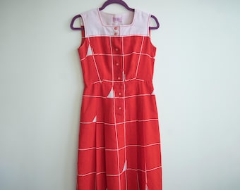 Vintage Nautical Dress  Pink  Red  pleated 80s Voir by Sanyo Japanese brand /S