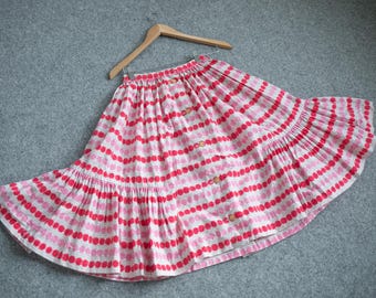 Vintage 1950s Pink Patterned Cotton Circle Skirt | XS Full Skirt with Front Buttons and Flounced Side Panels | 50s Rockabilly