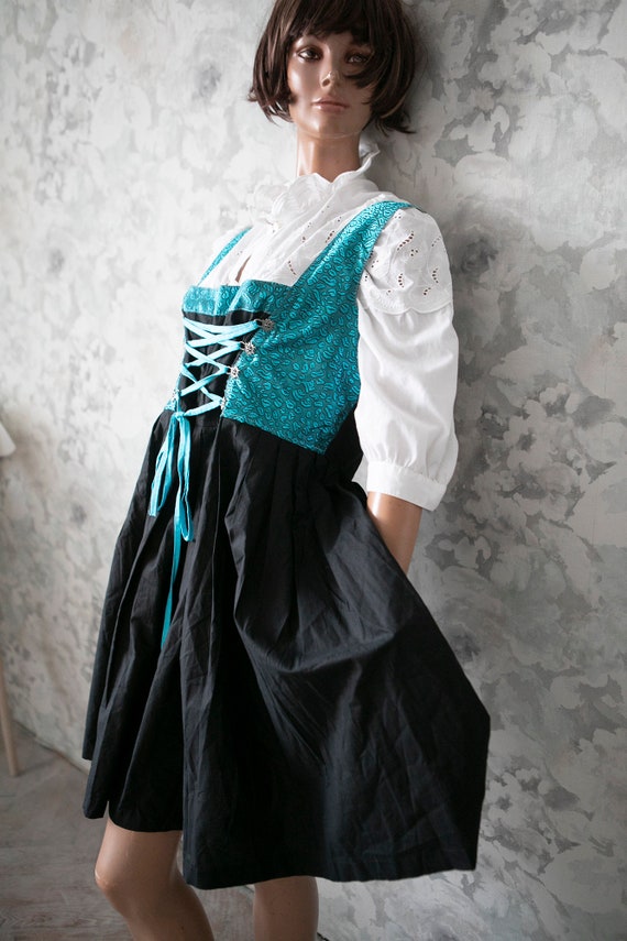 vintage sea blue bust black skirt  pinafore dirnd… - image 4