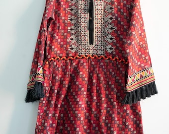 Vintage Folk Style Dress Red Embroidered Boho Ethnic Tunic Dress Afgan style/S