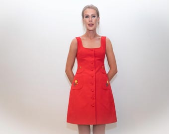 Vintage Red pinafore dress 70s Mod mini Twiggy style embroidered pockets small/S