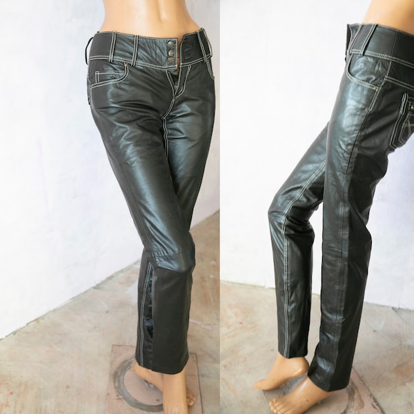 2YK minimalist  black  genuine leather  straight pants,  woman biker pants/  low waist leather pants/S