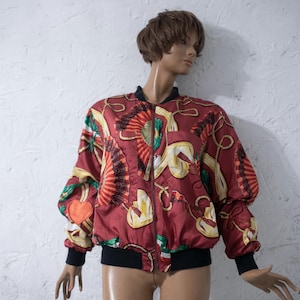 Vintage 90s Baroque Bomber Jacket: Silky Red Novelty Sportswear
