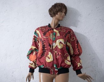 Vintage 90s Baroque Bomber Jacket: Silky Red Novelty Sportswear