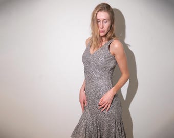 Vintage Ärmelloses Silber Pailletten Cocktailkleid | Knielanges Seidenkleid /S