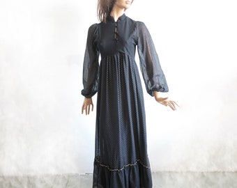 70s Polka Dot Maxi Dress  : Vintage Black & Gold Balloon Sleeve Prairie Dress/ small