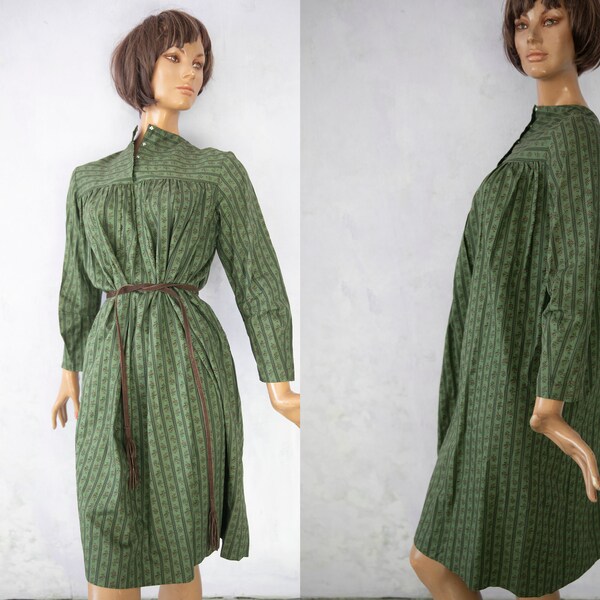 Robe tente en coton imprimé calicot longueur midi/vert mousse vintage des années 70/robe de maternité longueur genou manches longues/S/M