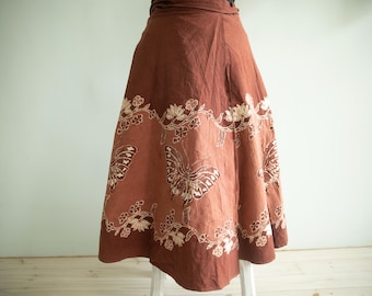 Vintage Batik Cotton Wrap Skirt: Butterfly Print Boho A-Line - S/M