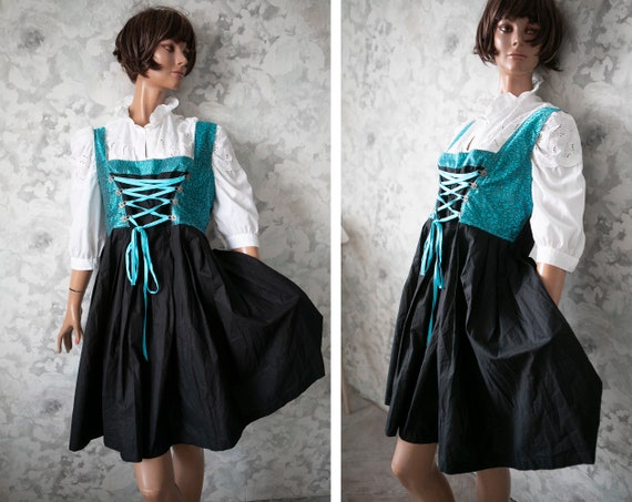 vintage sea blue bust black skirt  pinafore dirnd… - image 1