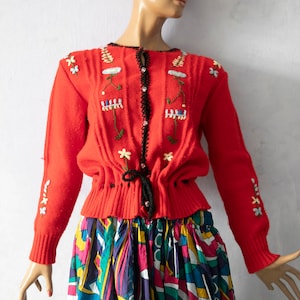 Red cardigan folk dirndl embroidered cardigan drawstring waist /soft  new wool knitting cottage core  cardigan