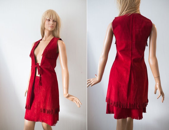 Woman 60s/70s genuine suede leather vest skirt set