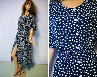 90s vintage indie dress navy blue white  abstract  dot print mid length short sleeves  casual summer dress/M/L