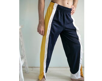 Spodnie Vintage Speed Track w kolorze granatowym/białym/żółtym z rozcięciem w pasie/S/M